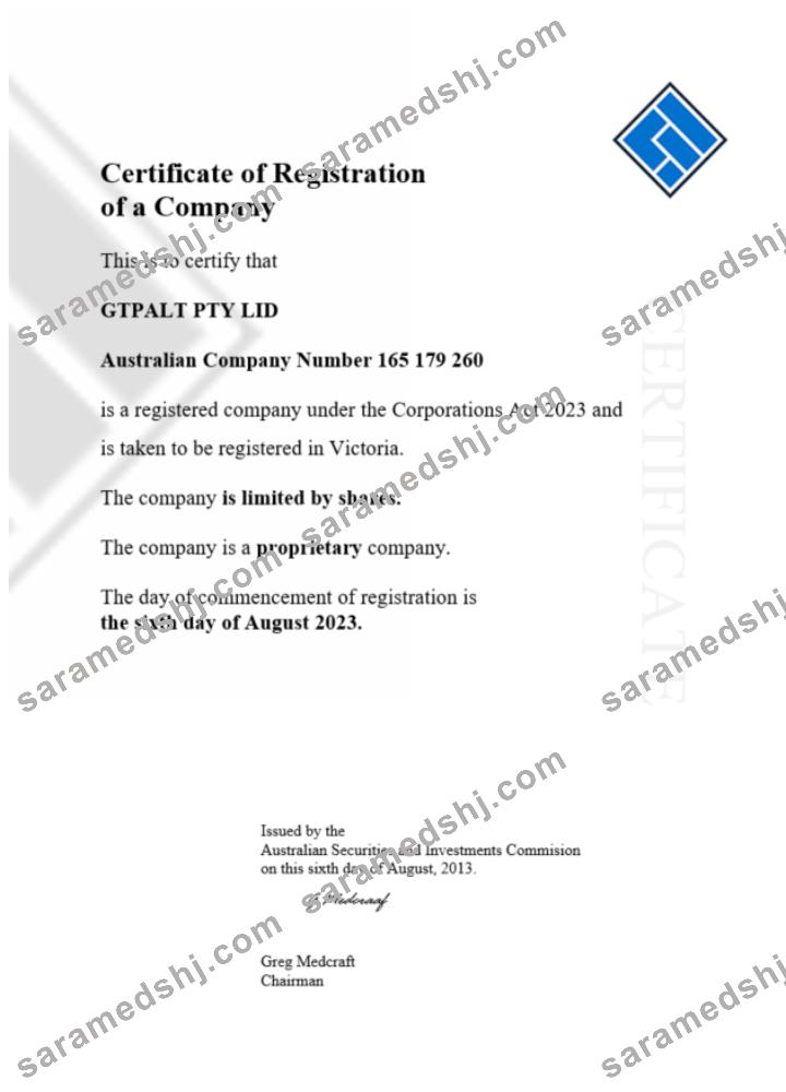 Australia GTPALT certificate of company registration word and PDF template